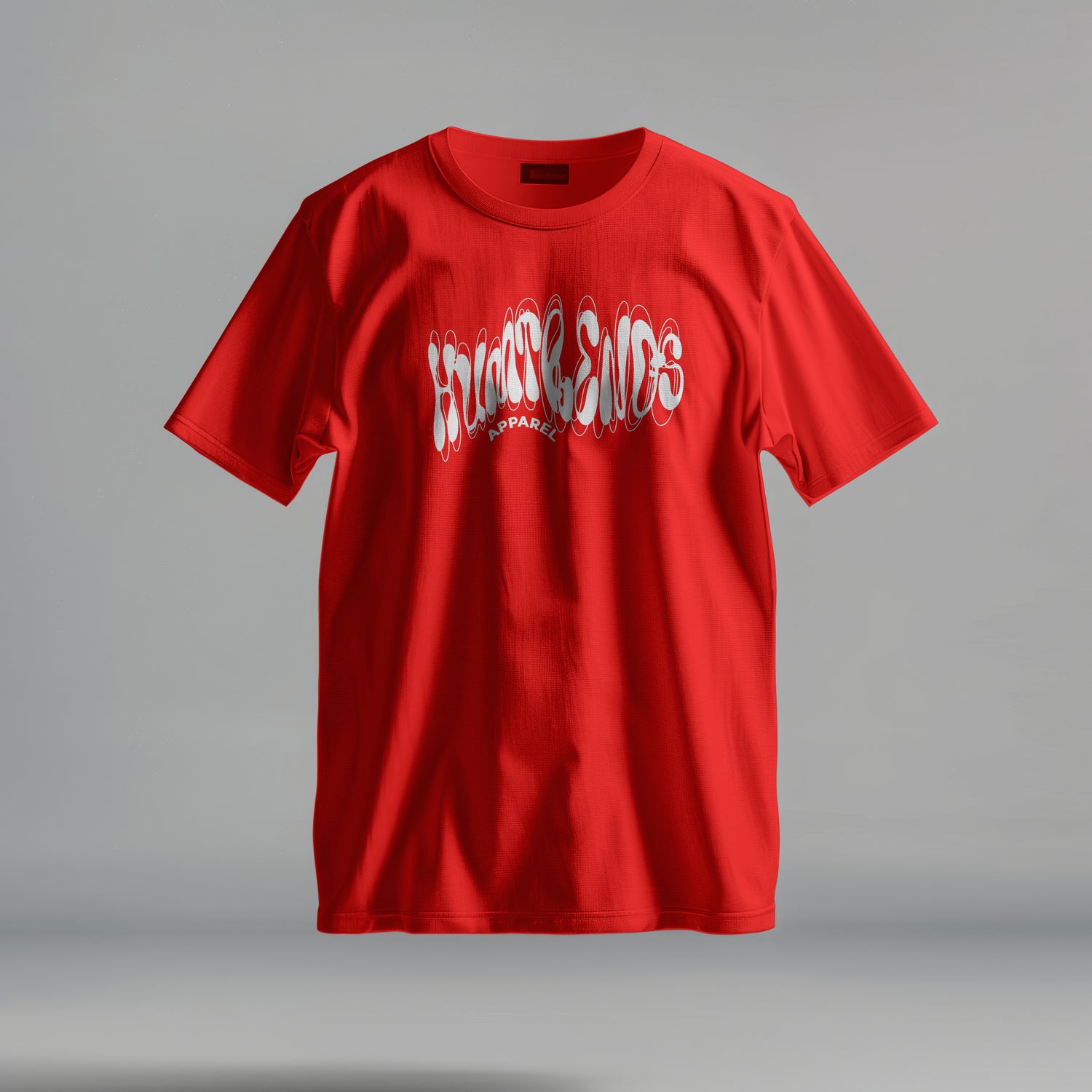 Red t-shirt with white text on a gray background